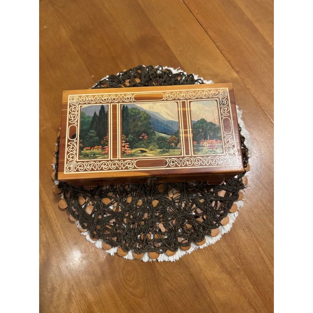 Vintage Wood Cedar Jewelry Box Mountain Scene Footed Brass Hardware 1960s